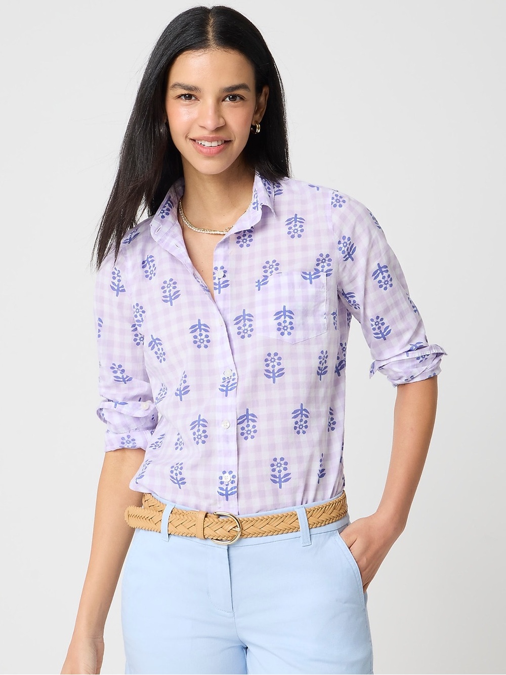 NWT J.Crew Factory Lightweight Cotton Floral Gingham Shirt Iced Lilac S